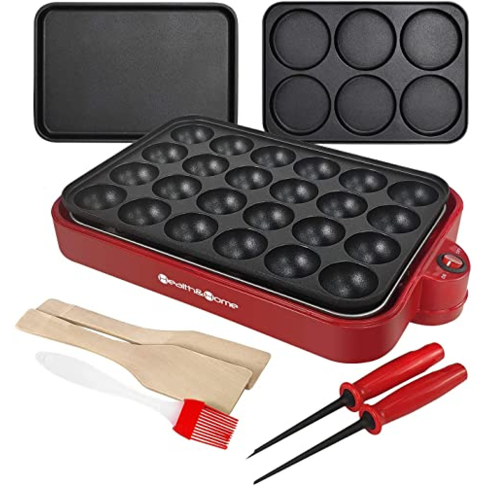 Health and Home Multifunction Nonstick Baking Maker with 3 Interchangeable Plates for Fried Eggs/ Steak, Takoyaki, Cake Pops, Grill, RED-1