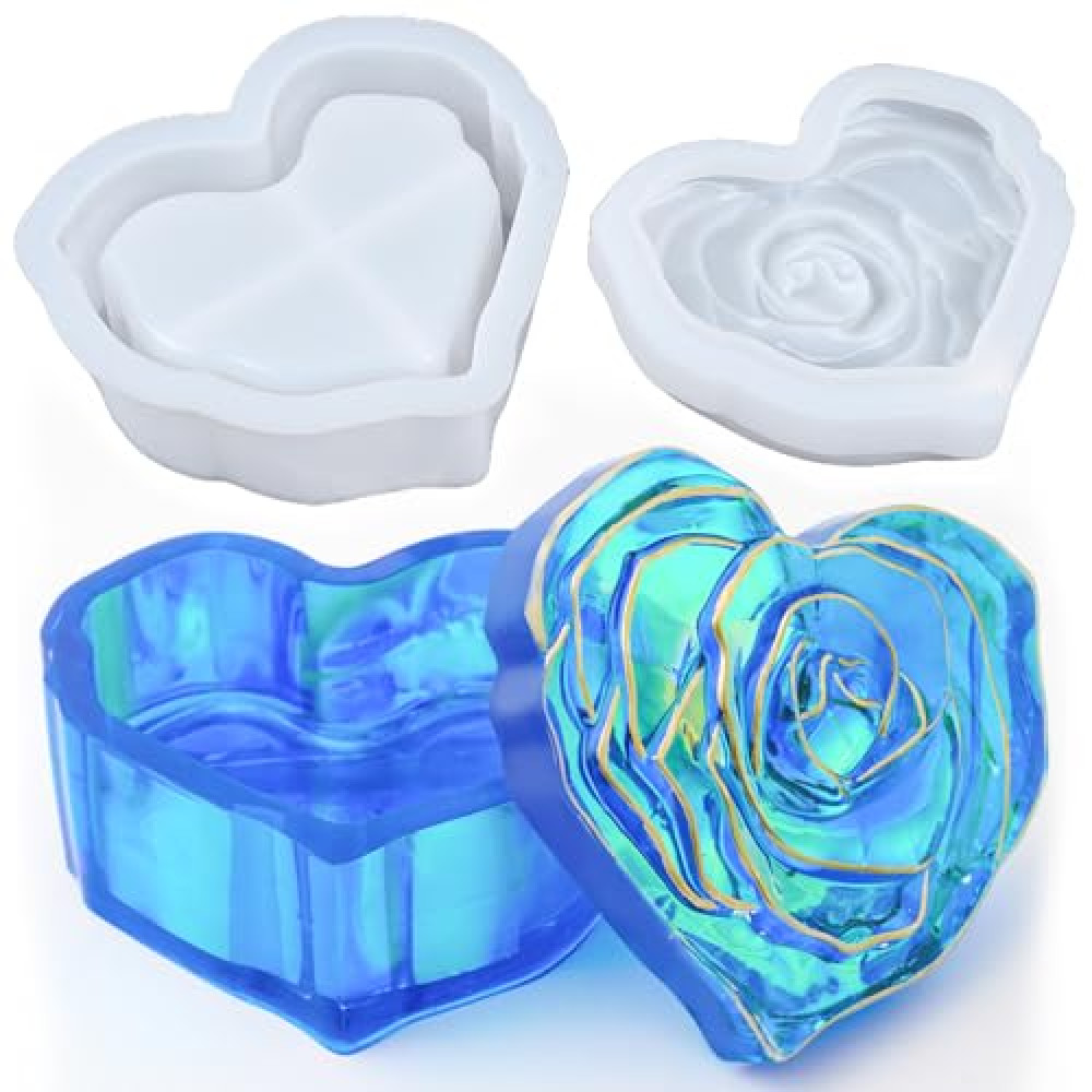 Heart Jar Resin Mold with Rose Lid Epoxy Resin Storage Box Casting Mould DIY Jewelry Trinket Candy Container Silicone Moulds Epoxy Concrete Cement Plaster Jesmonite Planter Candle Vessel Craft Molds