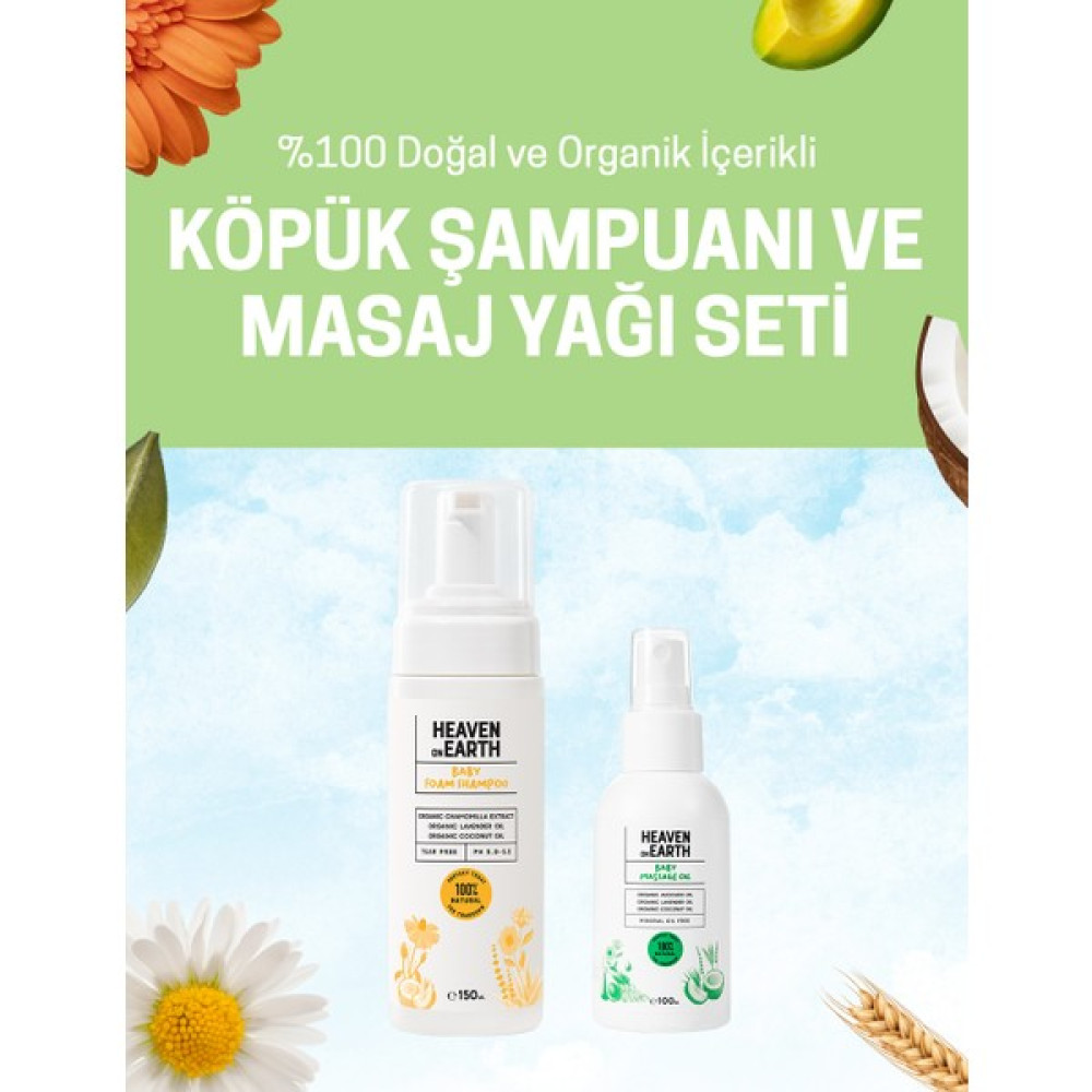 Heaven On Earth Konak Karşıtı Köpük Şampuan ve Bebek Masaj Yağı %100 Doğal Organik Vegan Set Bebek Bakım Seti Fiyatı