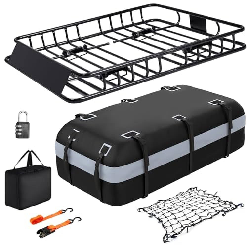 Heavy Duty Universal Rooftop Cargo Carrier Roof Rack, 64"x36"x5" Roof Rack Basket with 20 Cu.Ft Waterproof Bag, for SUV, Truck and Van, 250lbs Capacity, Corrosion Resistant, Steel Construction