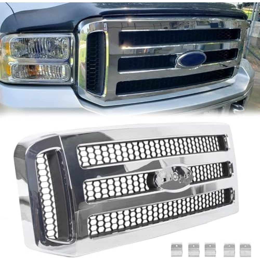 HECASA Front Grille Compatible with 2005-2007 Ford F250 F350 F450 F550 SuperDuty FO1200456 5C3Z8200BAA Upper Bumper Hood Grill W/Gray Honey Comb Chrome
