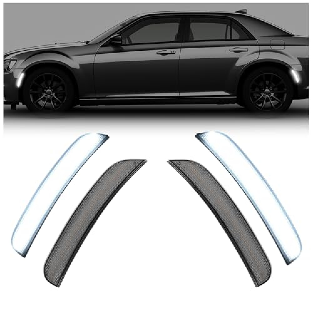 HECASA LED Side Marker Lights Compatible with 2015-2023 Chrysler 300 Replacement for CH2551136 CH2550136 Bumper Signal Parking Lamps 4Pcs Smoke Lens Front & Rear White LED