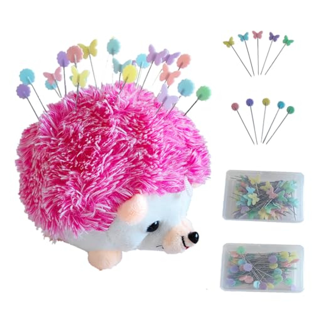 Hedgehog Pin Cushion Sewing Kit with 200 Colored Pins,Pin Cushions Sewing Accessories and Supplies Butterfly Flat Head Straight Pins DIY Crafts Set Needle Cushions Holder