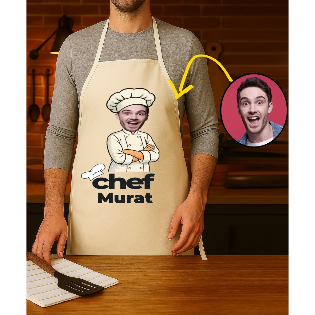 Hediye Deposu Kişiye Özel Karikatür Fotoğraflı ve Isimli Mutfak Önlüğü Chef Tasarımlı 1 - Standart - Çok Renkli Mutfak Önlüğü Fiyatı