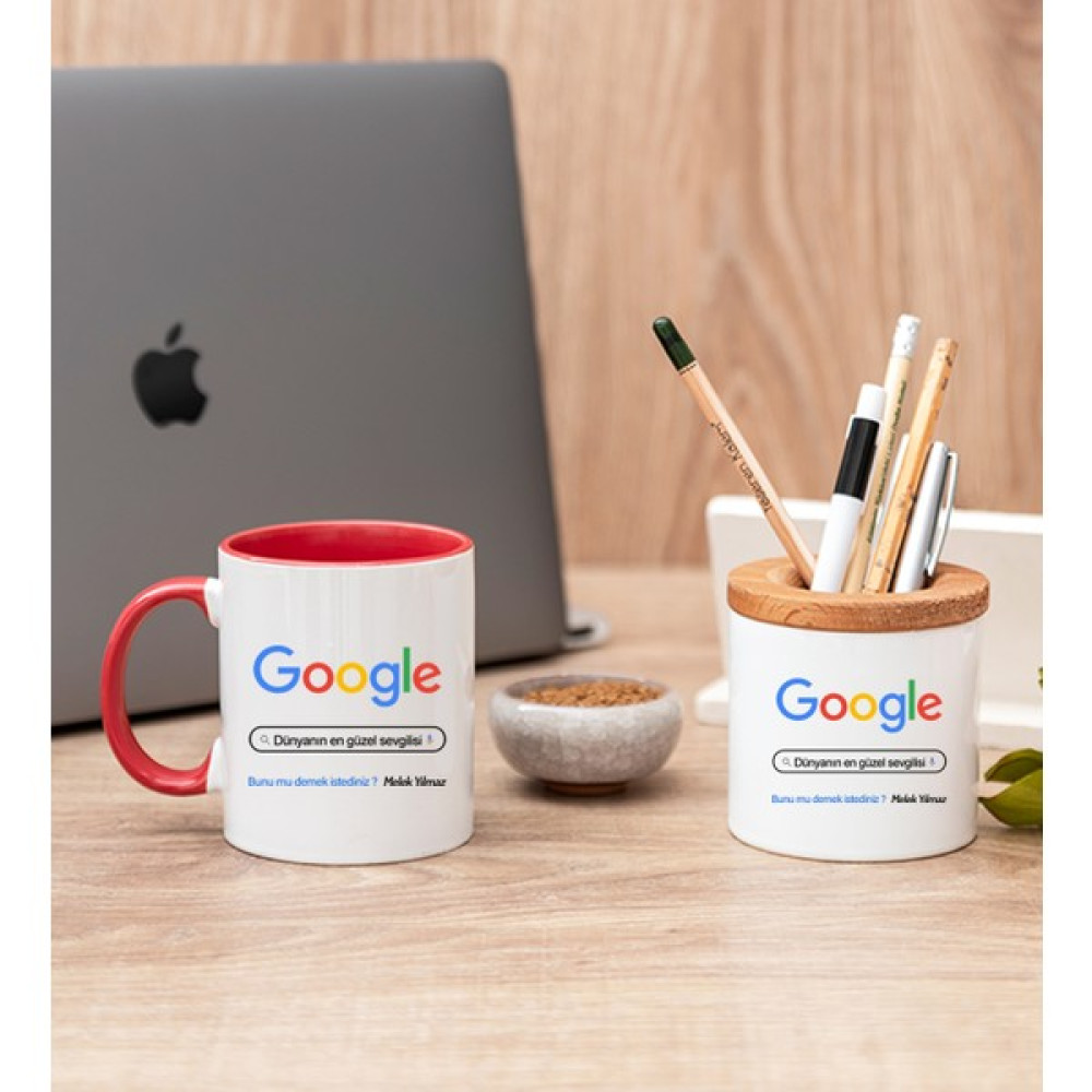 Hediye Dükkanı Kişiye Özel Google Tasarım Esprili Kırmızı Kupa Bardak ve Kalemlik Fincan / Bardak / Kahve Takımı Fiyatı