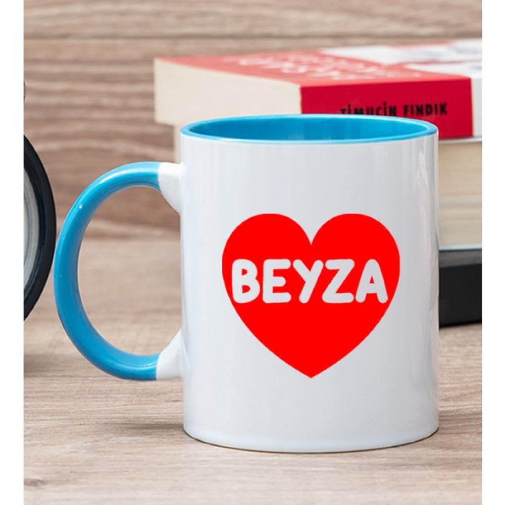 Hediye Dükkanı Kişiye Özel İsim Yazılı Kırmızı Kalpli Mavi Kupa Bardak - Beyaz - Mavi Fincan / Bardak / Kahve Takımı Fiyatı