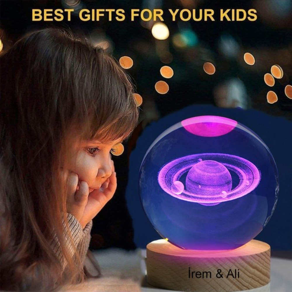 Hediye Fikri Büyük Boy Işıklı Ahşap Kaideli Satürn Cam Küre 8cm Gece Lambası Fiyatı