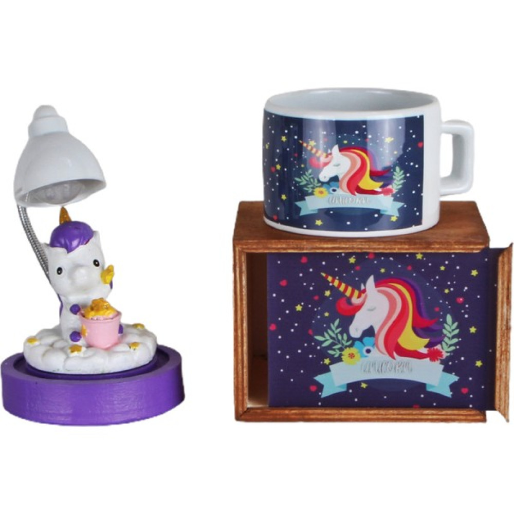 Hediye Kanalı Gülümseyen Gökkuşağı Unicorn Ahşap Kutulu Kupa ve Unicorn Işıklı Biblo Hediye Seti Altın, Takı & Aksesuar Fiyatı