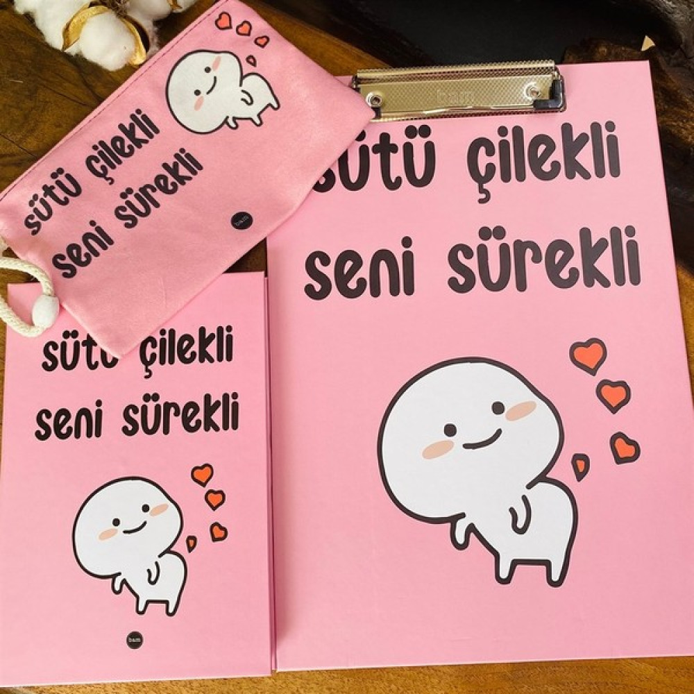 Hediye Ofisi Sütü Çilekli Sekreterlik Defter Kalemlik Hediye Seti - Pembe Ajanda Fiyatı