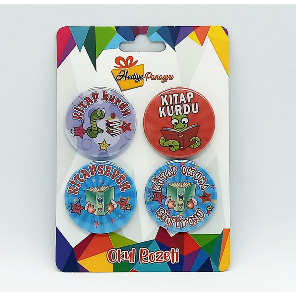 Hediye Panayırı Okuma Rozeti 4’lü Set | Kitap Kurdu & Şampiyon | 44 mm Metal – Yerli Üretim Set 6 Rozet Fiyatı