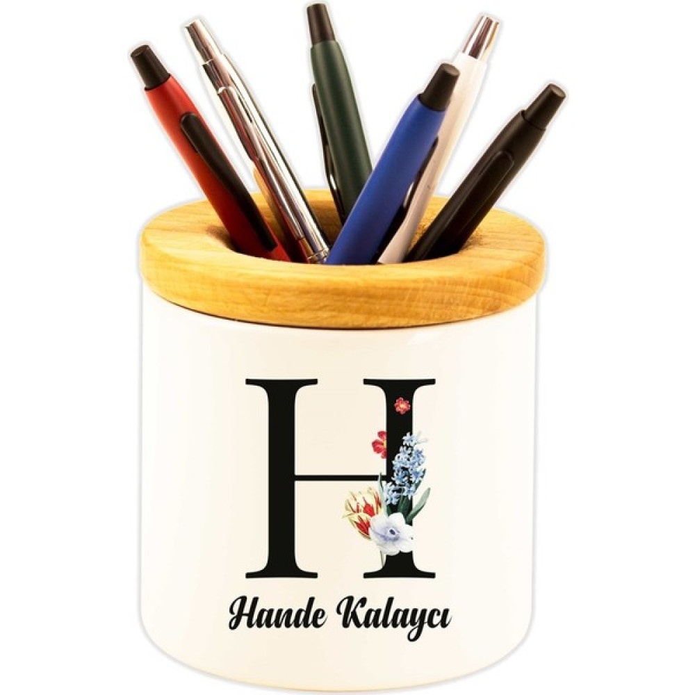 Hediye Rengi İsme Özel Ahşap Kapaklı Kalemlik - Çiçekli Harf Kalemlik Fiyatı