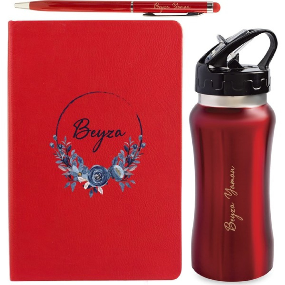 Hediye Rengi Isme Özel Defter Matara ve Kalem Lüx Seti 500 ml - Desen2 - Kırmızı Not Defteri & Bloknot Fiyatı