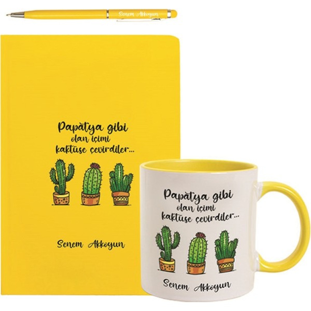 Hediye Rengi Isme Özel kaktüs temalı defter Kupa Bardak ve Kalem Seti - Sarı - Beyaz - Sarı Fincan / Bardak / Kahve Takımı Fiyatı