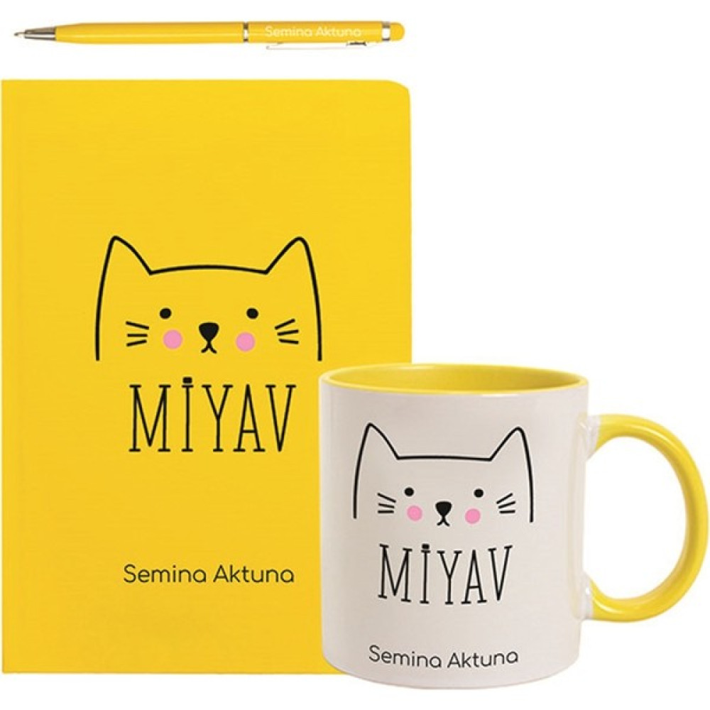 Hediye Rengi Isme Özel kedi Figürü temalı defter Kupa Bardak ve Kalem Seti - Sarı - Beyaz - Sarı Fincan / Bardak / Kahve Takımı Fiyatı