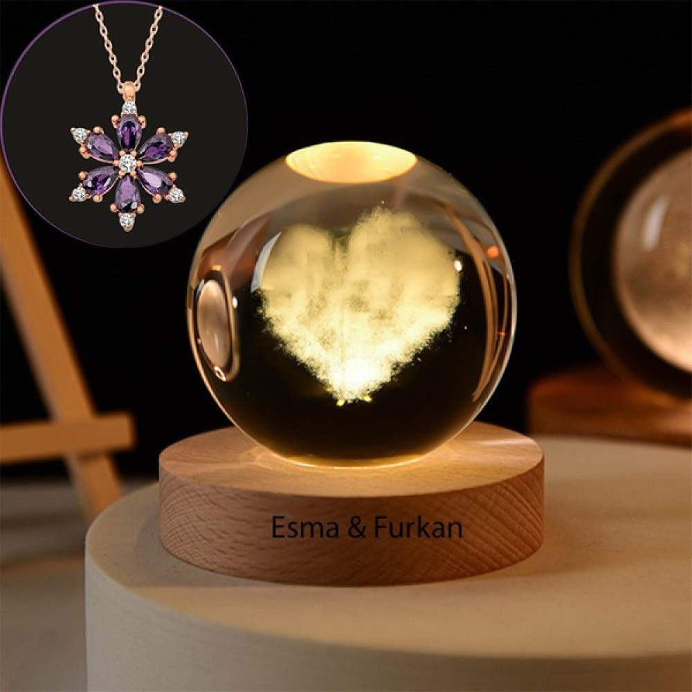 Hediye Sahibi Büyük Boy Işıklı Ahşap Kaideli Kalp Temalı Cam Küre 8cm ve Lotus Çiçeği Kolye Hediyelik Eşya Fiyatı