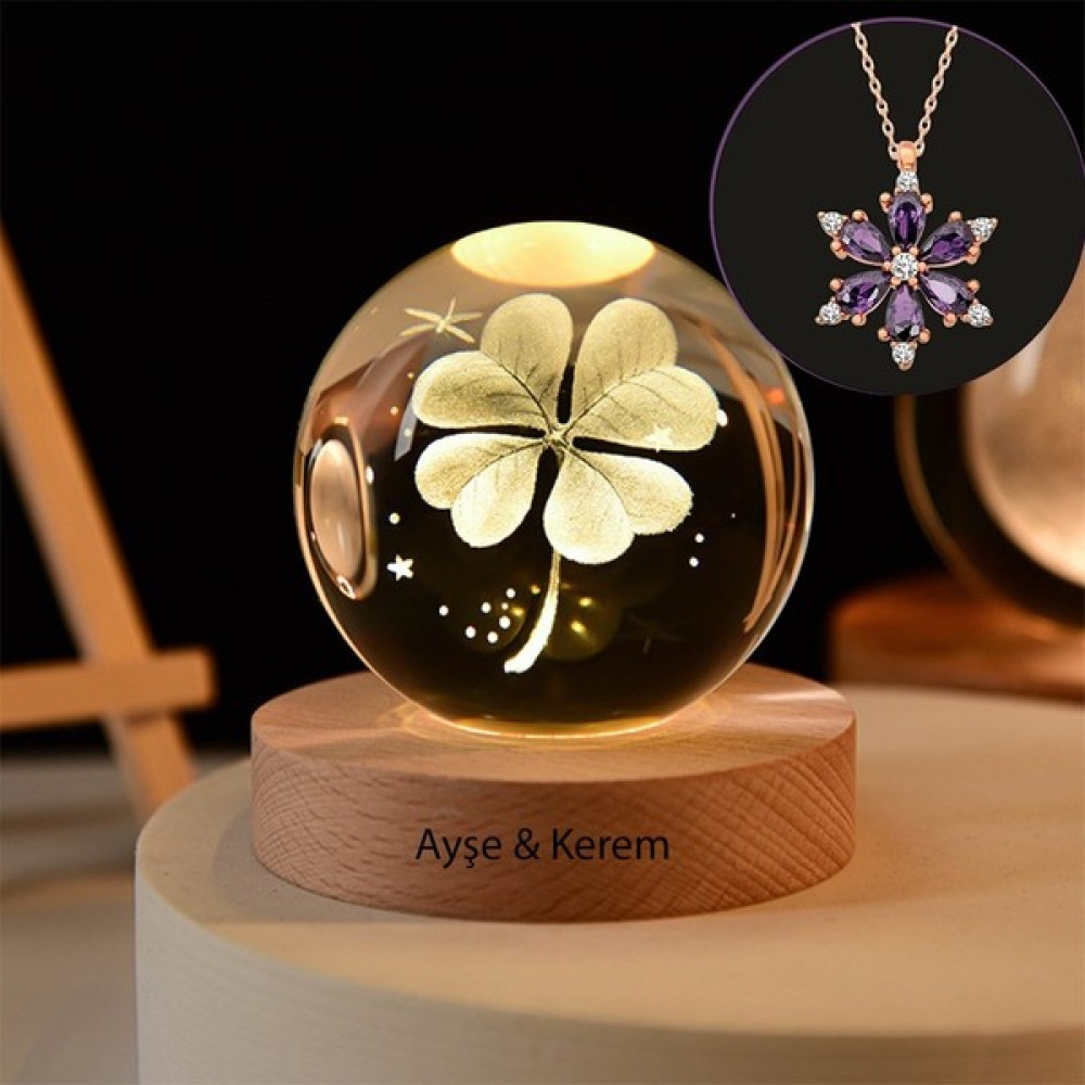 Hediye Sahibi Büyük Boy Işıklı Ahşap Kaideli Yonca Temalı Cam Küre 8cm ve Lotus Çiçeği Kolye Hediyelik Eşya Fiyatı