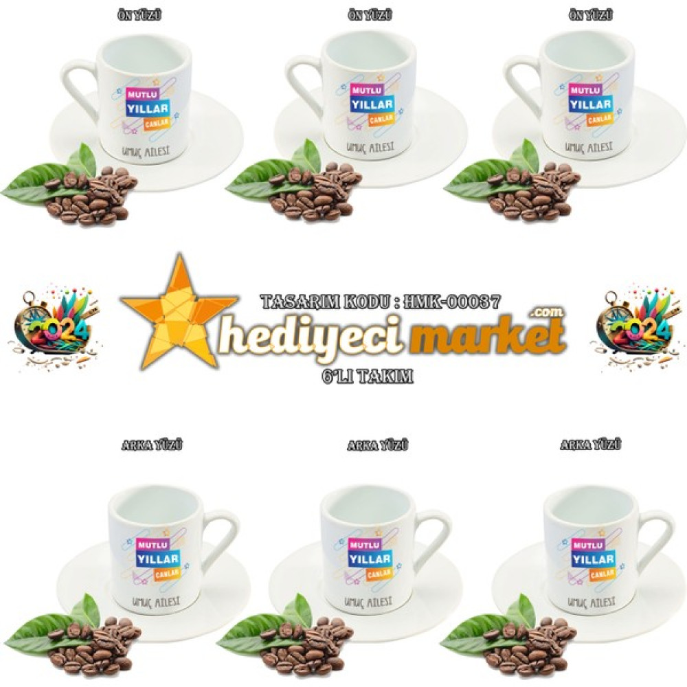 Hediyeci Market Yılbaşı Temalı Beyaz 6'lı Kahve Fincan Takımı - HMK-00037-01 - Beyaz - Krem Fincan / Bardak / Kahve Takımı Fiyatı