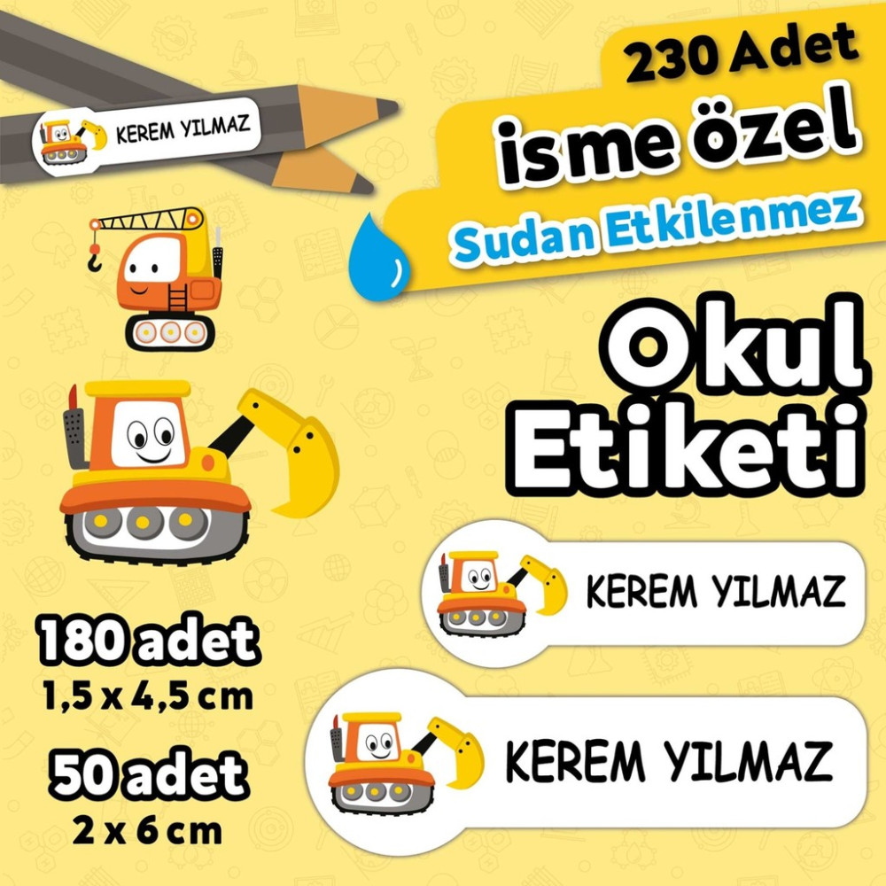 Hediyehanesi Iş Makinaları Temalı Kişiye Özel Isimli Defter Kalem Okul Etiketi, Yırtılmaz Pvc Etiket - 200 Adet - Beyaz Okul Etiketi Fiyatı