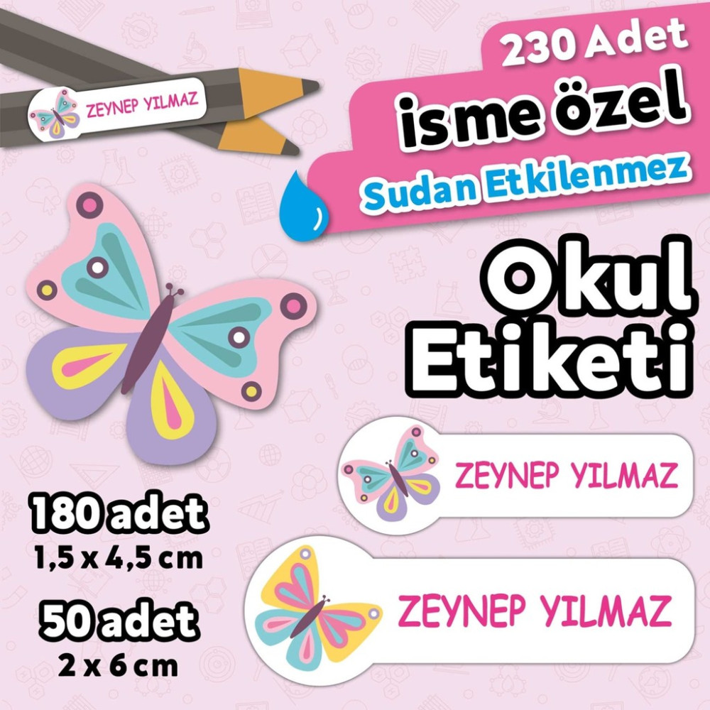 Hediyehanesi Kelebek Temalı Kişiye Özel Isimli Defter Kalem Okul Etiketi, Yırtılmaz Pvc Etiket, Sudan Etkilenmez - 200 Adet - Beyaz Okul Etiketi Fiyatı
