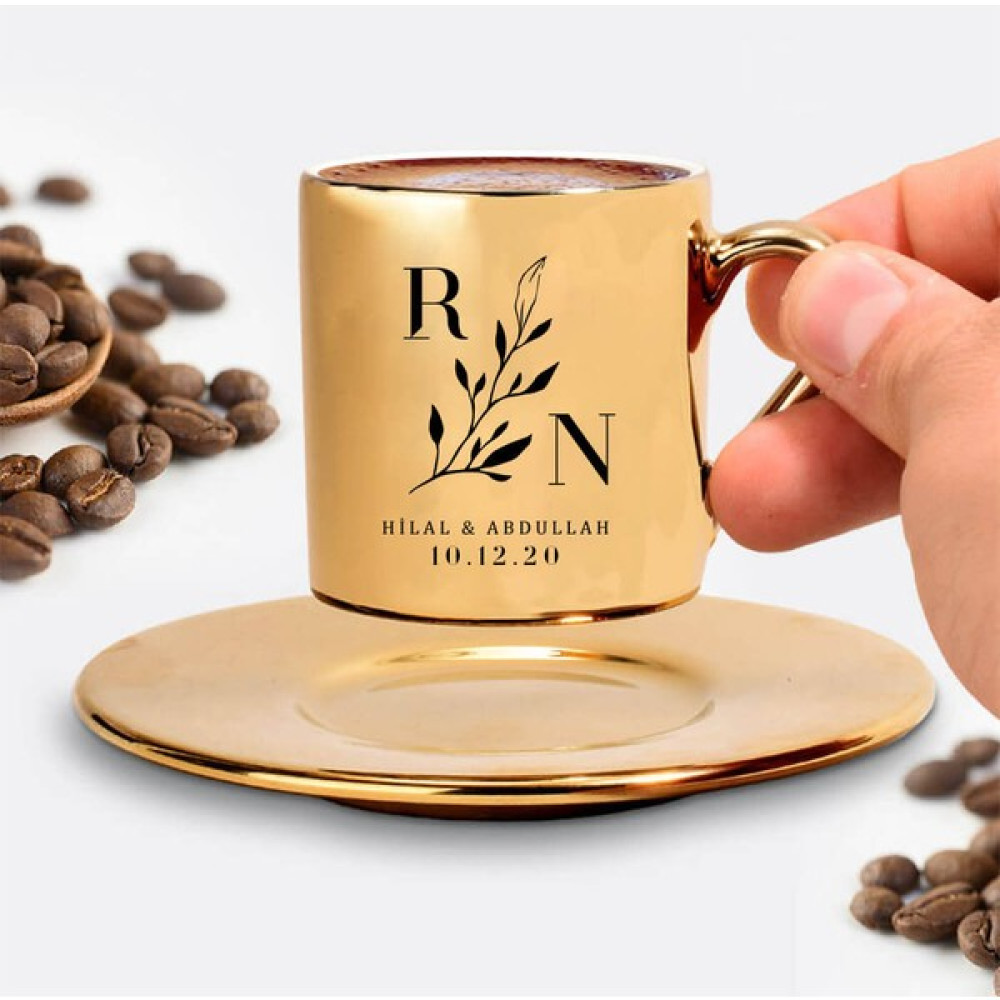 Hediyesec Çiftlere Özel Isim ve Tarihli Gold Kahve Fincanı Fincan / Bardak / Kahve Takımı Fiyatı