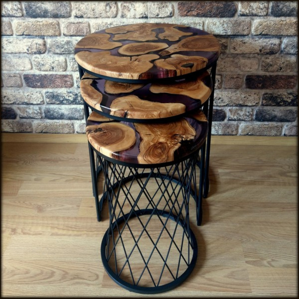 HeedWood Design Şeffaf Mor Epoksi Zeytin Tabla Iç Içe Geçmeli 3l'ü Zigon Sehpa Zigon Sehpa Fiyatı