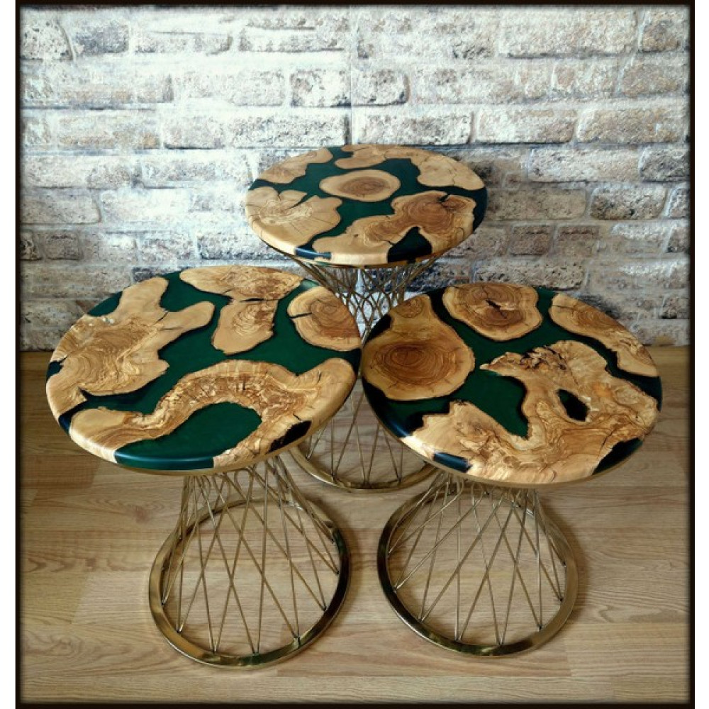 HeedWood Design Zümrütyeşili Epoksi Zeytin Tabla Gold Pota Ayak 3lü Zigon Sehpa - Zümrüt Yeşili Zigon Sehpa Fiyatı