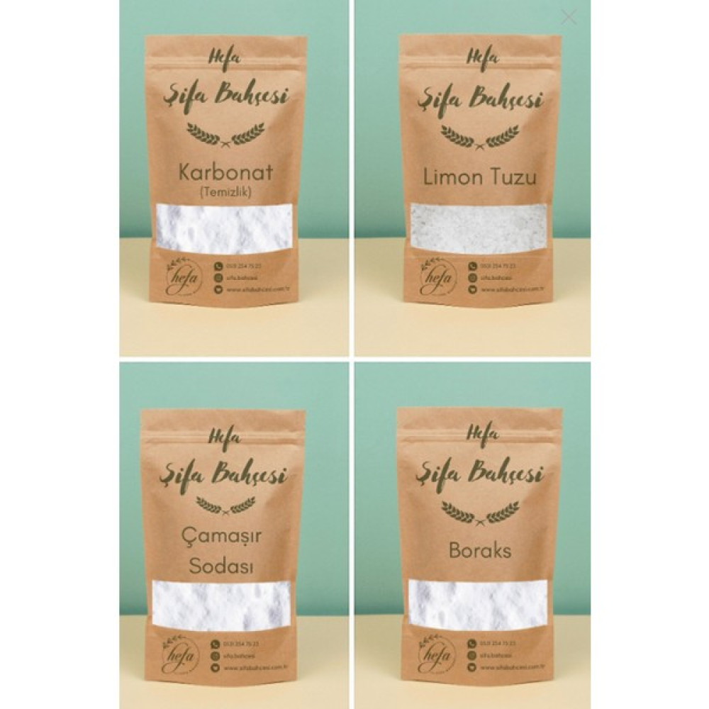Hefa Şifa Bahçesi 4 Lü Doğal Deterjan Seti: Boraks 1 kg Temizlik Karbonatı 1 kg Çamaşır Sodası 750 gr Limon Tuzu 250 gr - Beyaz Temizlik Malzemeleri Fiyatı