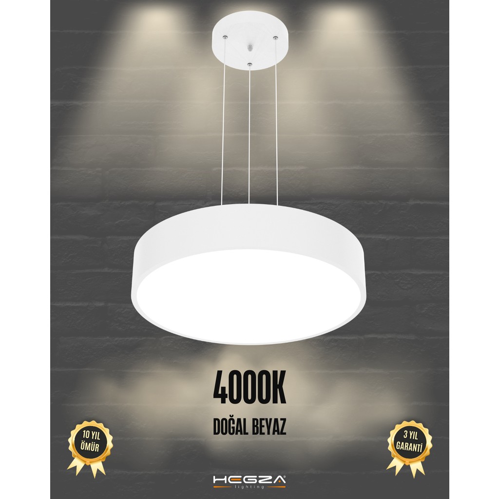 Hegza Lighting Drum 40cm (Beyaz Kasa, Doğal Beyaz Işık) Ledli Modern LED Avize, Salon, Mutfak, Oturma Yatak Odası, Sarkıt Avize Fiyatı