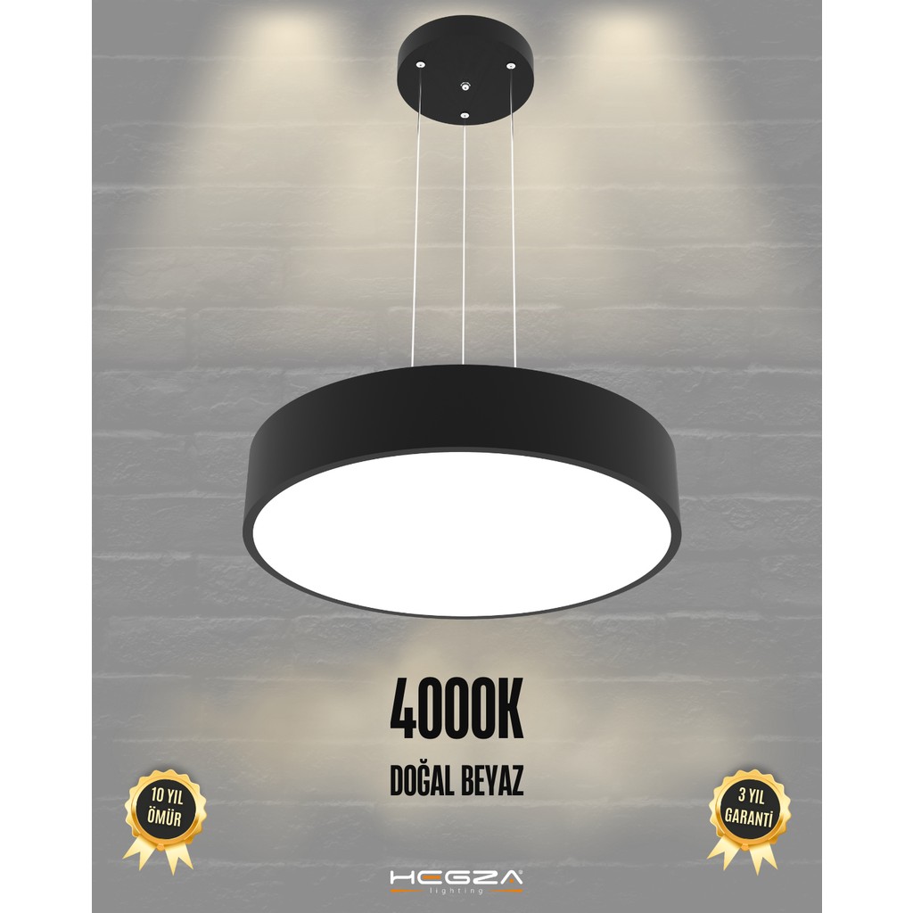 Hegza Lighting Drum 40cm (Siyah Kasa, Doğal Beyaz) Ledli Modern LED Avize, Salon, Mutfak, Oturma Yatak Odası, Sarkıt - Siyah - Doğal Beyaz Avize Fiyatı