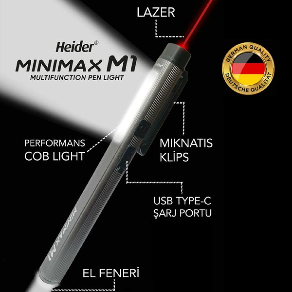 Heider Minimax M1 (Yeni) Özel Metal Tasarım 3 Fonksiyonlu (Lazer + 50 M2 Gövde Lambası + El Feneri) Ce+Rohs Belgeli El Feneri Fiyatı