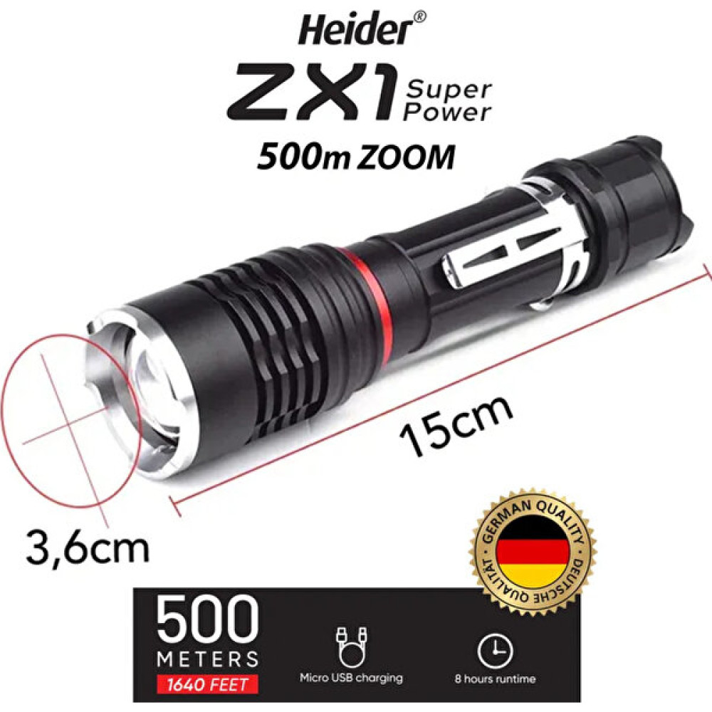 Heider Zx1 (Yeni) 500M Mesafe 10 Watt Super Power Zoom El Feneri - Şarjlı - Heider XR-18650 Pro Pil Dahil - Ce ve Rohs Belgeli El Feneri Fiyatı