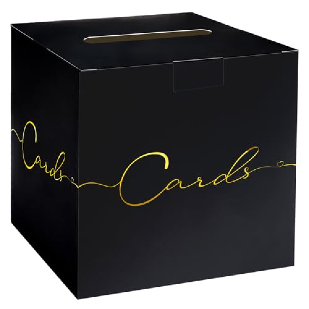 HEIPINIUYE Large Card Box for Party 9.8" x 9.8" Black Card Box with Gold Foil Design Envelope Box Gift Card Box Holder Card Box for Wedding Birthday Baby Shower Retirement Party Raffle Box