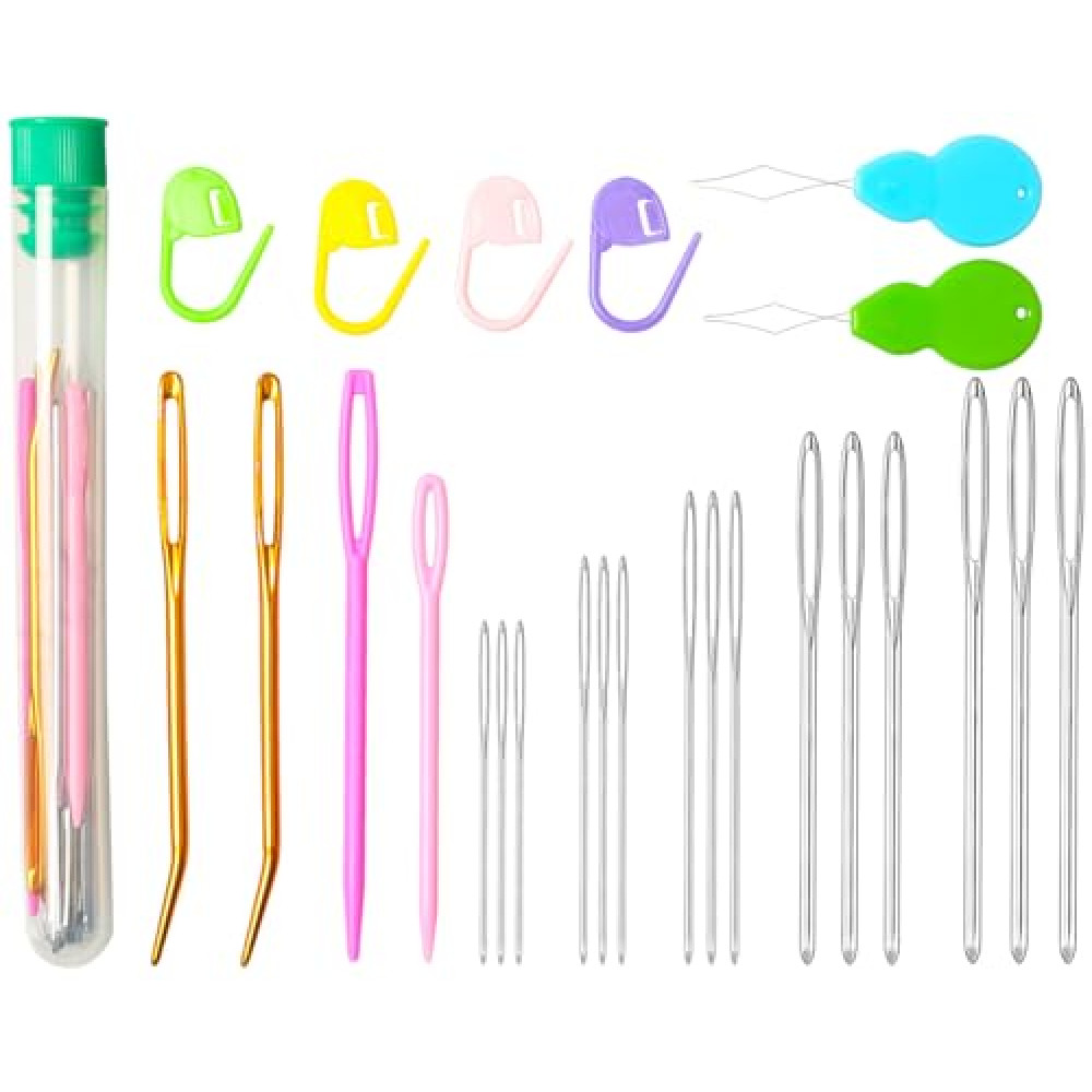 Hekisn 25Pcs Large Eye Blunt Yarn Needles kit, Assorted Sizes Bent Tapestry Darning Needle, Sewing Needles with Needle Threaders & Stitch Markers for Knitting Crochet (Green)
