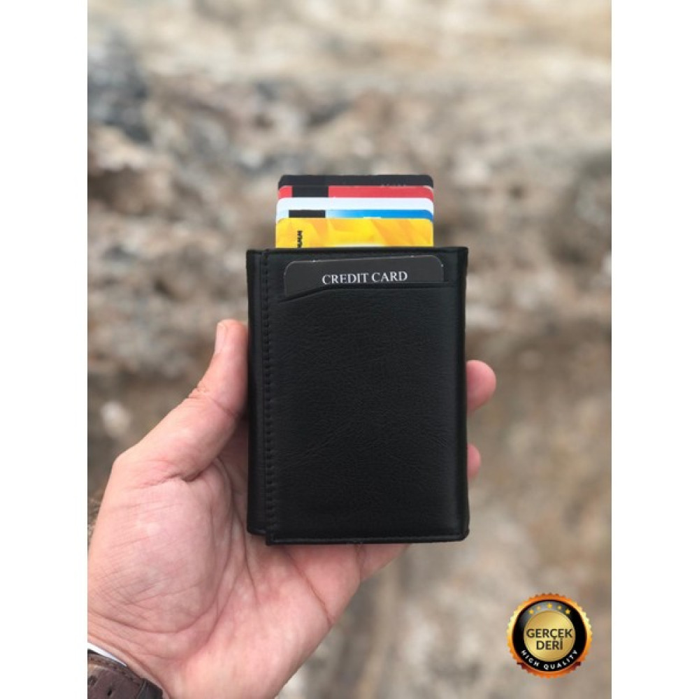 HeliosBags Unisex Siyah Hakiki Deri Otomatik Mekanizmalı Kişiye Özel Kartlık Cüzdan Erkek Kartlık Fiyatı