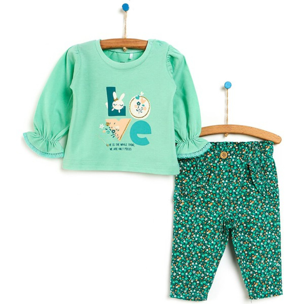 Hello Baby Happy Bunny Kız Bebek Bilekleri Fırfırlı Sweatshirt- Kadife Baskılı Pantolon Bebek Giysi Takım Fiyatı