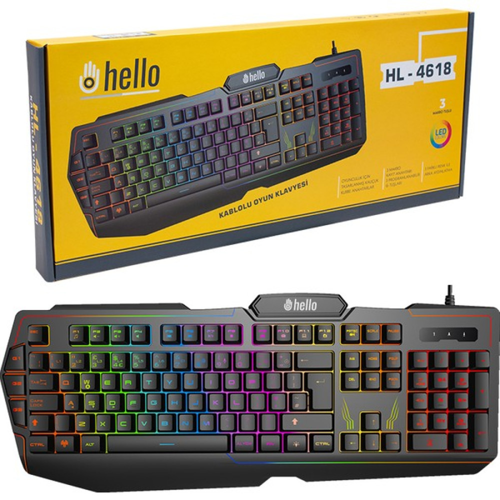 Hello HL-4618 3 Makro Tuşlu 3 Renk Işıklı Kablolu Gamıng Oyuncu Klavye - Siyah Oyuncu Klavyesi Fiyatı