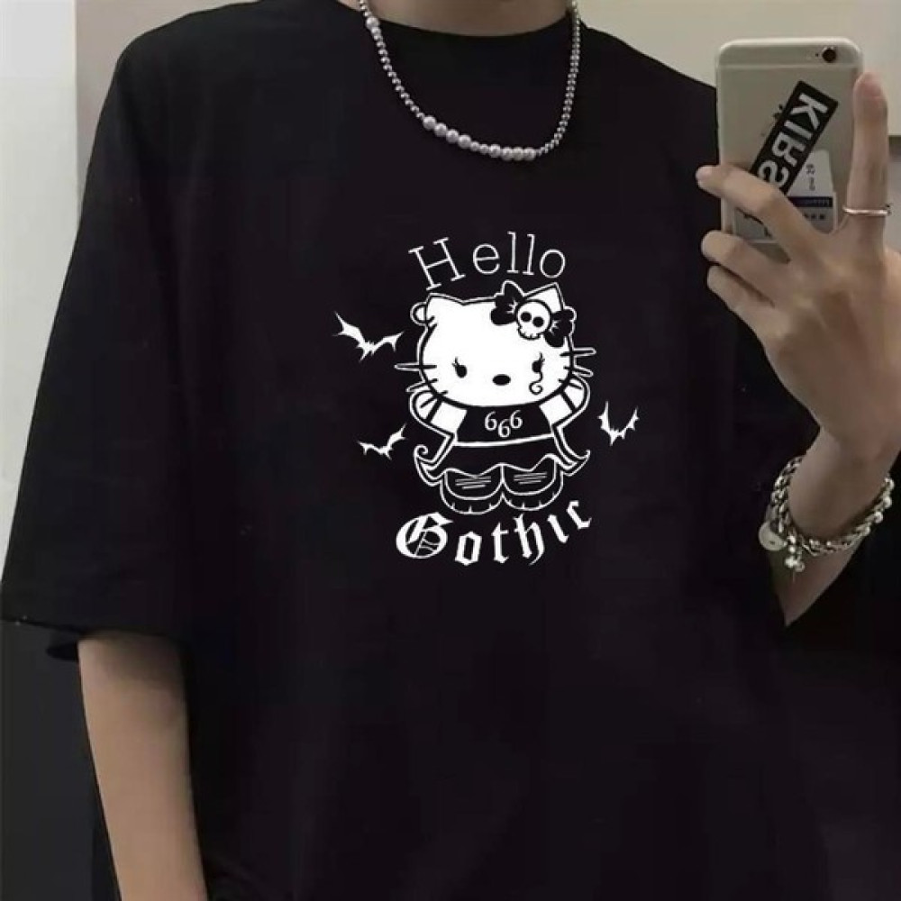 Hello Kitty Gothic Siyah Unisex Oversize T-Shirt Bayan T-shirt Fiyatı