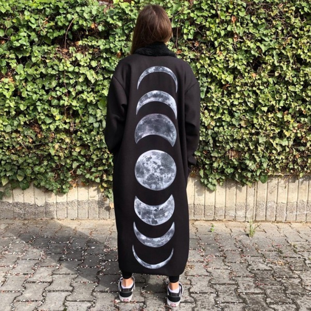 Hello Stranger Siyah Kaşe Kışlık Palto Ay Evreleri Moon Lunar Dolunay Mont Kadın Kaban Fiyatı