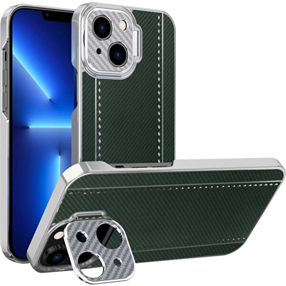 Hello-U Apple iPhone 13 Mini Için Kevlar Karbon Fiber Dokulu Galvanik Pu Deri Kaplamalı Standlı Pc Telefon Kılıfı - Yeşil (Yurt Dışından) Cep Telefonu Kılıfı Fiyatı