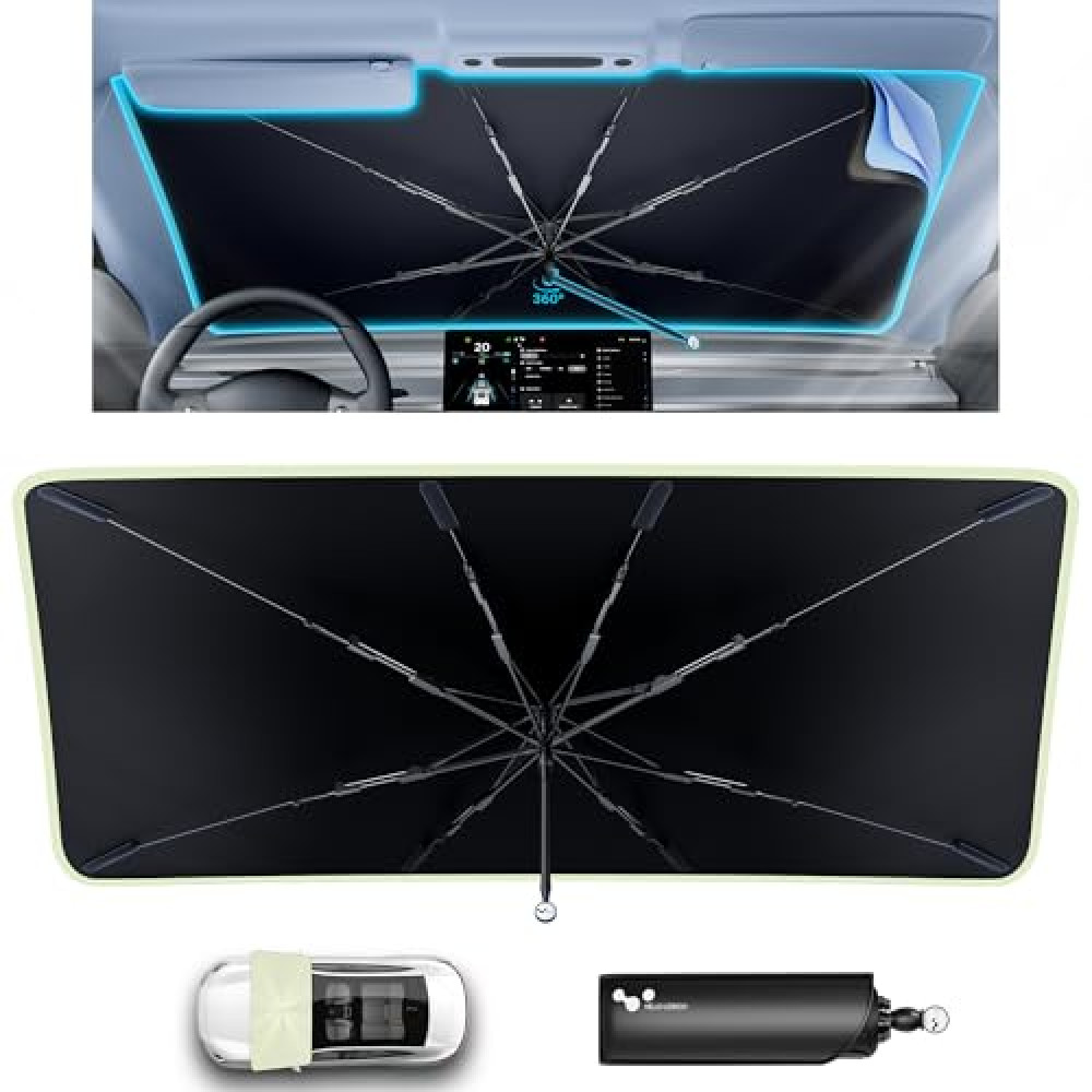 helloleiboo [2025 Upgraded] Car Windshield Sun Shade Umbrella 57"x 32" Windshield Sun Shade Foldable 5-Layer Thickened Vinyl Coating Reflective Polyester Blocks Heat & UV Rays for Car Truck SUV