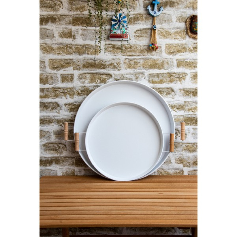 Hem Life 2 Li Ahşap Kulplu 51 cm Metal Tepsi ve 37 cm Beyaz Tepsi Çay Kahve Sunum Tepsisi Servis Tepsisi Fiyatı