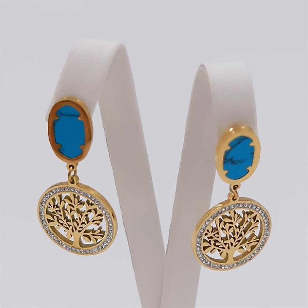 Hena Çelik Gold Mavi Taşlı Zirkon Hayat Ağacı Küpe Altın, Takı & Aksesuar Fiyatı