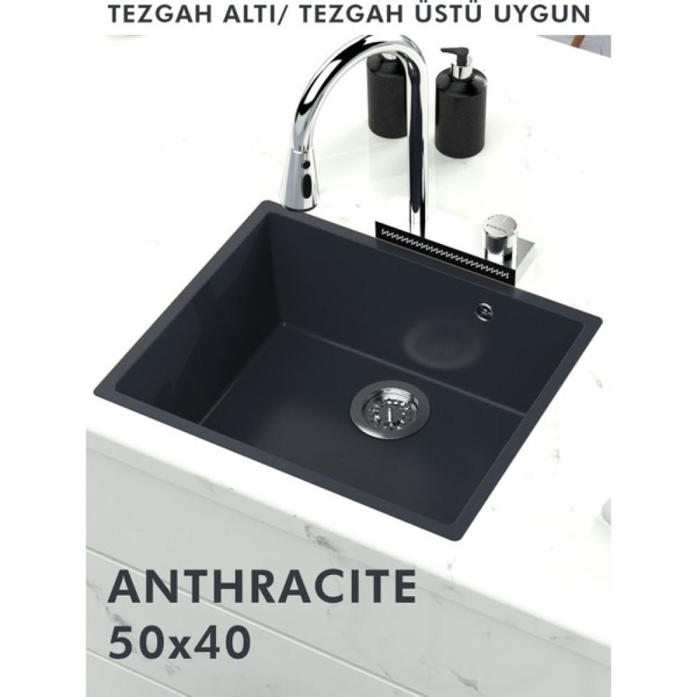 Hena Surface Granit Eviye Tek Gözlü Antrasit 50 x 40 Evye Kuvars Tezgah Altına Uygun - RENK Bataryalar & Musluklar Fiyatı