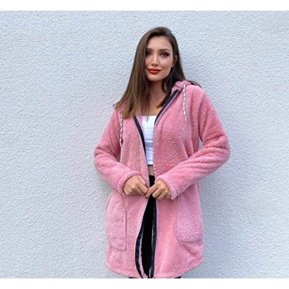 Hepimiz Alalım Kadın Pembe Önü Fermuarlı Kapşonlu Peluş Ceket Kadın Hırka Fiyatı