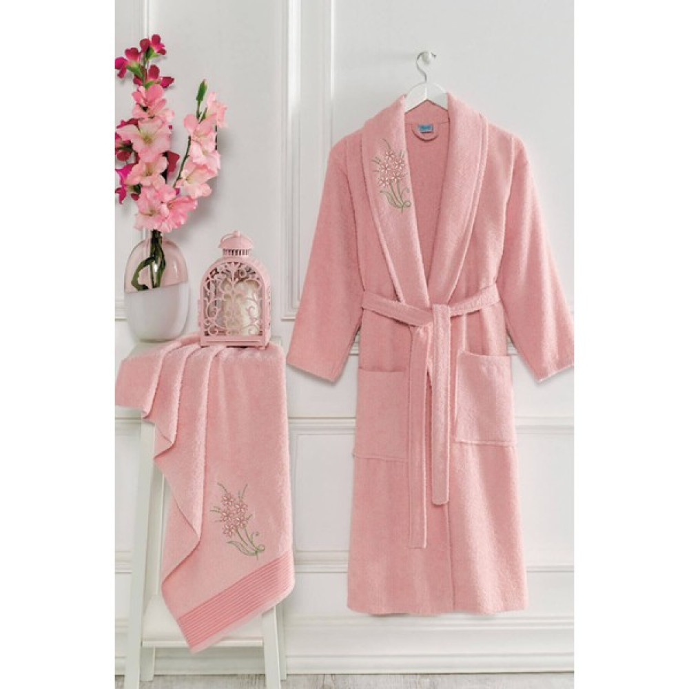 Hepsine Rakip Şalyaka Kadın Erkek Pamuklu Havlulu Banyo Bornoz Takımı - Pembe - L - XL Bornoz Fiyatı