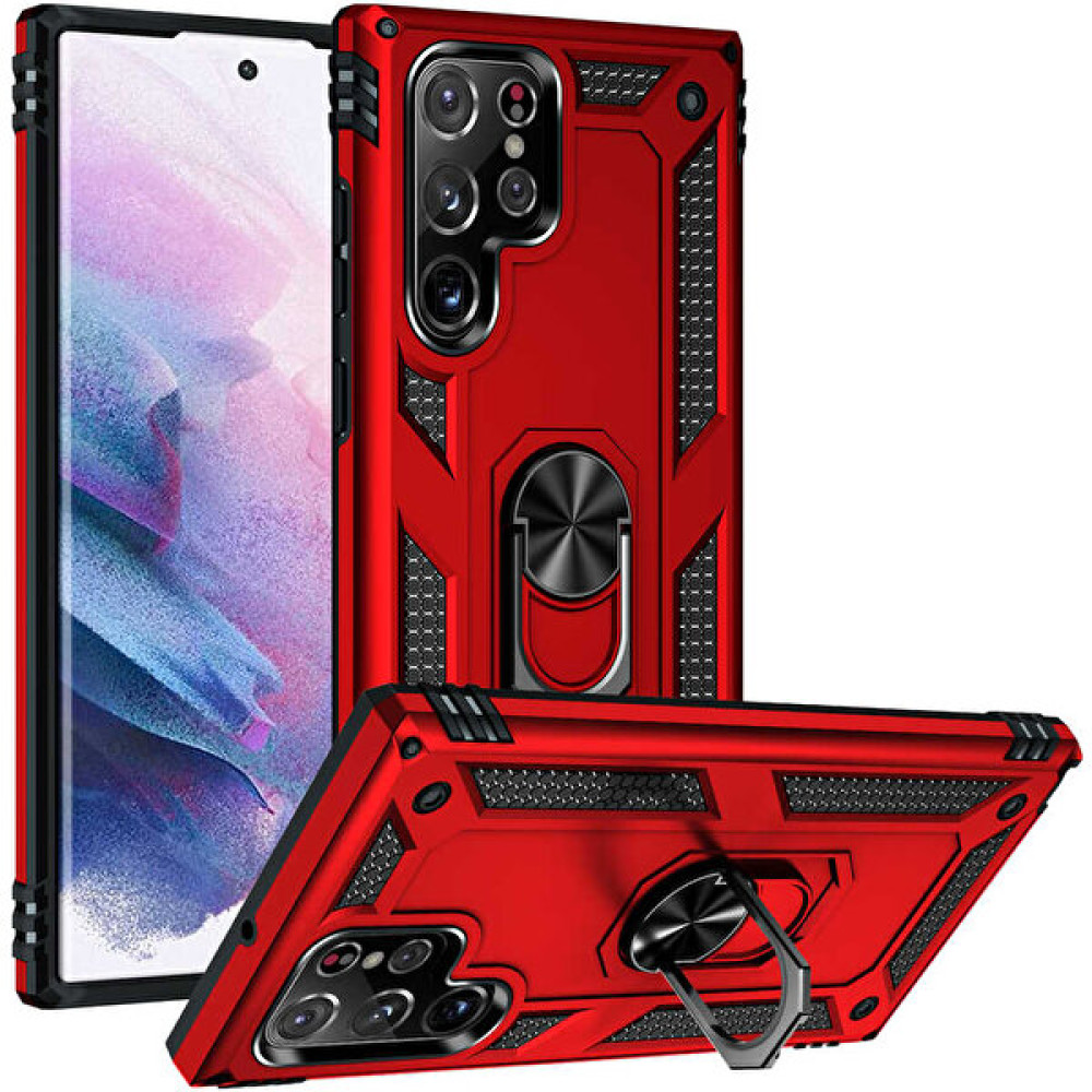 Heptek İletişim Samsung Galaxy S22 Ultra Kılıf Tank Zırh Yüzüklü Mıknatıslı Standlı Kapak (Vega) - Kırmızı Cep Telefonu Kılıfı Fiyatı