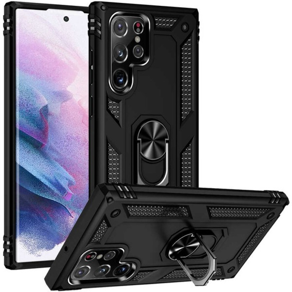 Heptek İletişim Samsung Galaxy S22 Ultra Kılıf Tank Zırh Yüzüklü Mıknatıslı Standlı Kapak (Vega) - Siyah Cep Telefonu Kılıfı Fiyatı