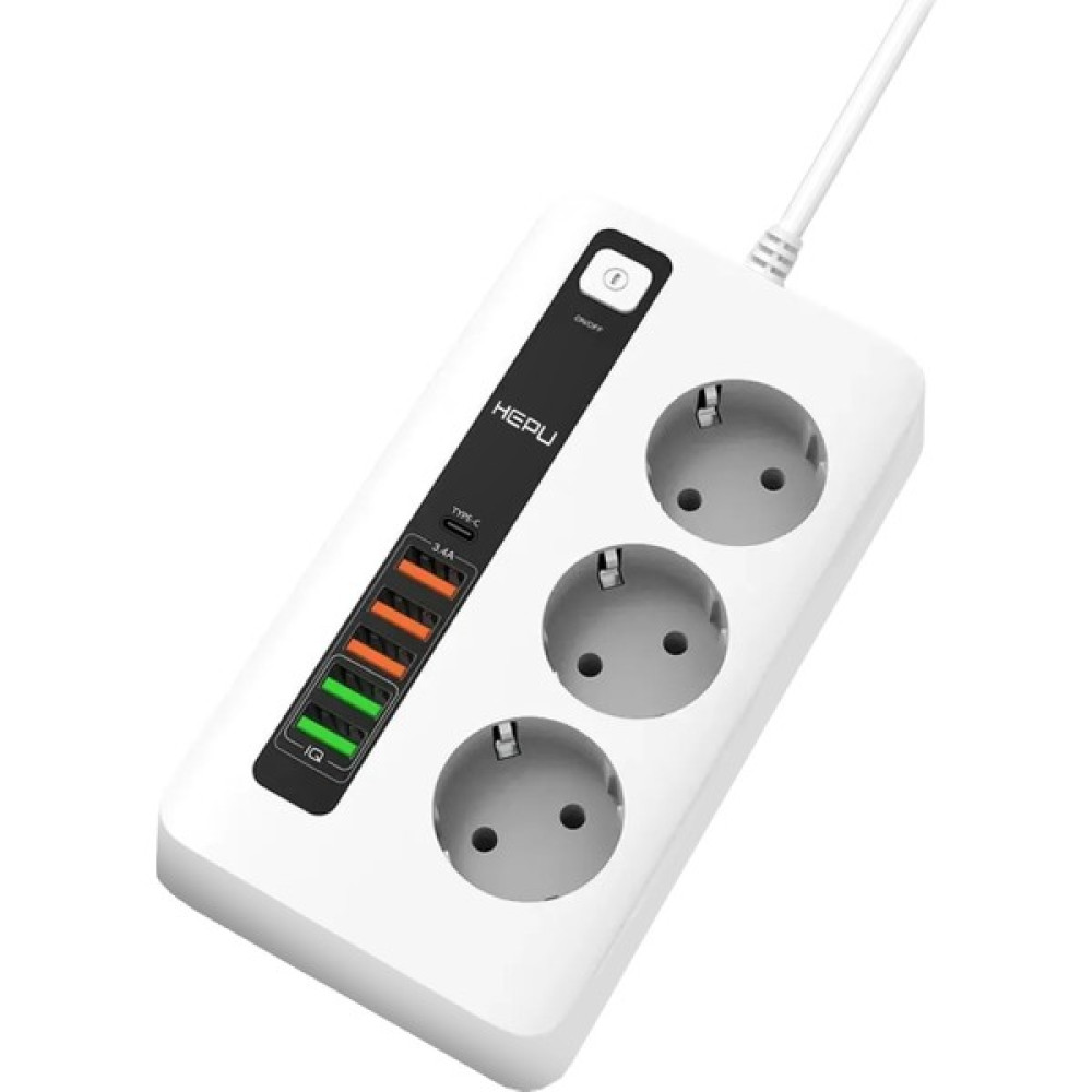 Hepu HP-H03 6x USB 3'lü 2 mt Kablolu Akım Korumalı Priz 10A-3000W Prizler Fiyatı