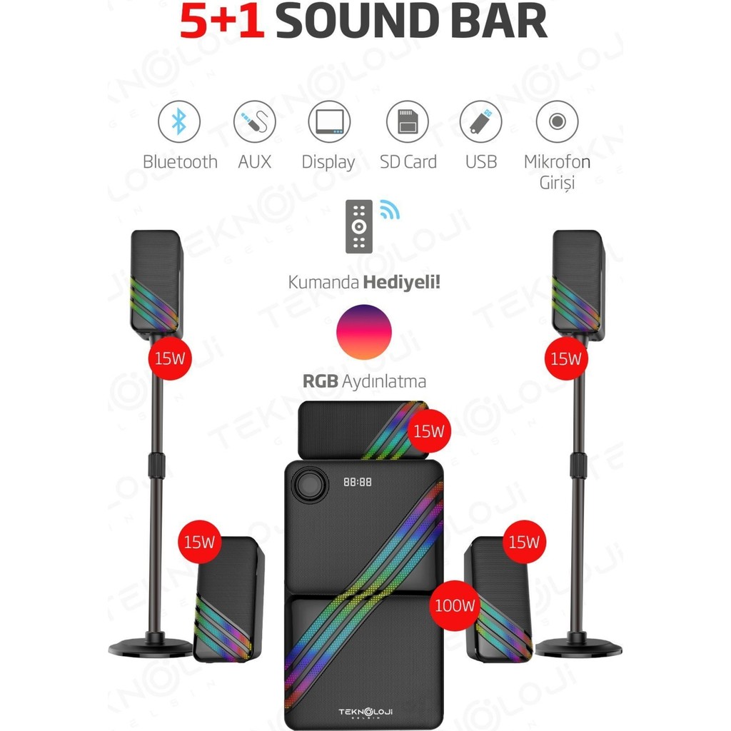 Hepu HP-TV03 5+1 Soundbar 100 Watt Amfi Stereo HD Ses Renkli RGB Kablolu Ev Sinema Sistemi Bluetooth Hoparlör Fiyatı