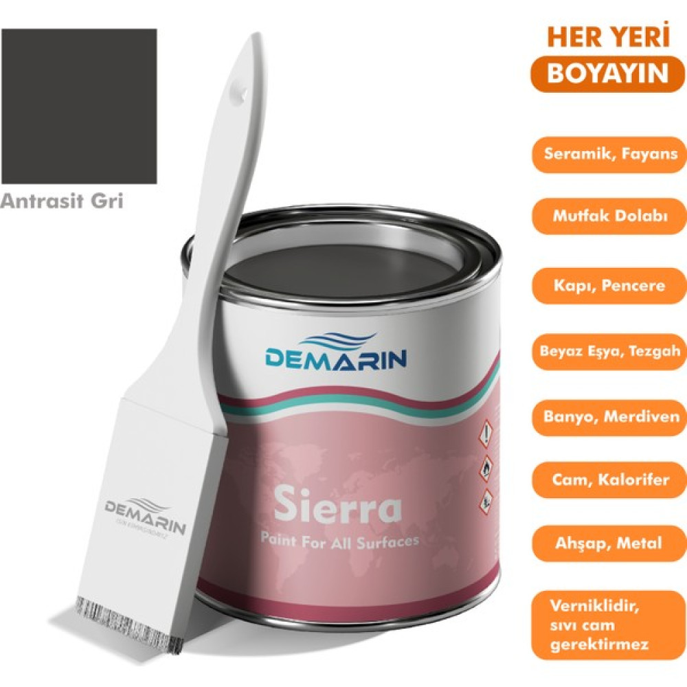 Her Şeyi Boyayabilen Demarin Sierra Tek Bileşen Fayans, Tezgah, Seramik, Mobilya, Zemin Boyası - 1 Kg - Antrasit Gri Boya Malzemeleri Fiyatı